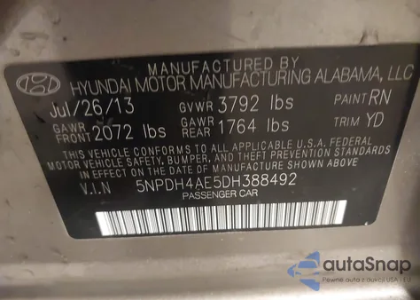 2013 Hyundai Elantra Gls z USA, uszkodzony, nr VIN 5NPDH4AE5DH388492